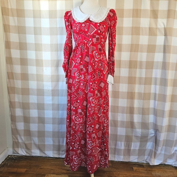 Dresses & Skirts - Vintage 70s Handmade Red Bandana Print Maxi Dress Puff Sleeve Peter Pan Collar S